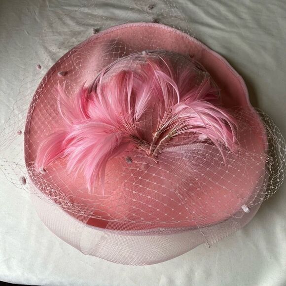 Vintage Pink Feathered Veiled Pillbox Hat
